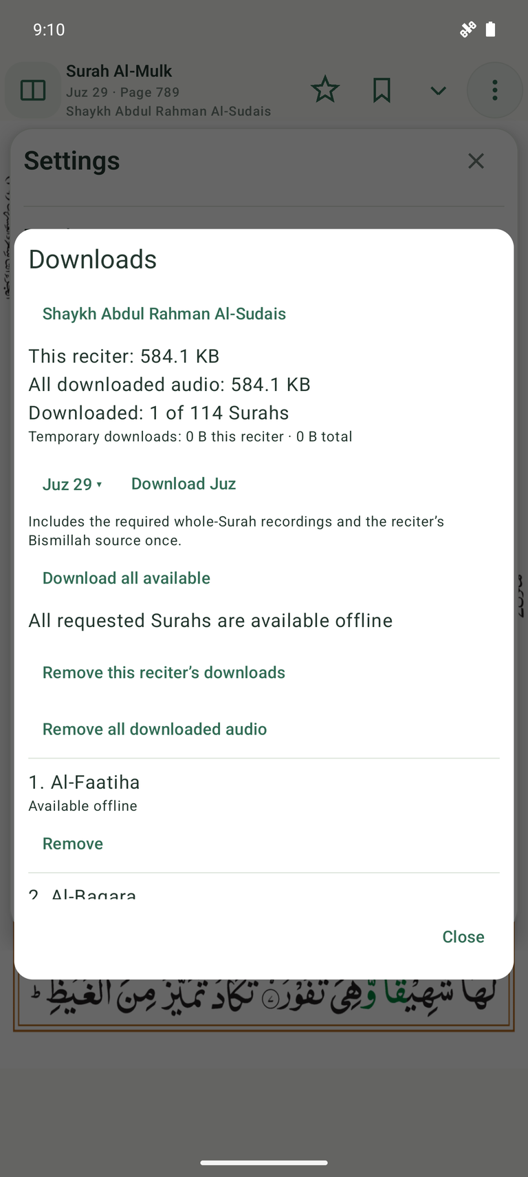 A genuinely completed Al-Faatiha download shown as available offline